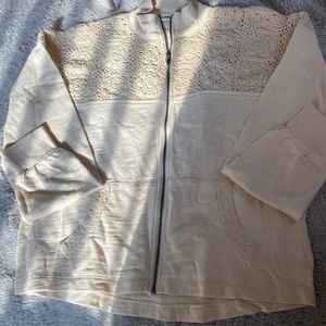 NWT Lucky Brand Crochet Trim Cardigan-Sand Dollar front pockets Ptp 23” length23